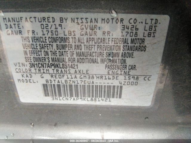 3N1CN7AP9KL851421 Nissan Versa Sedan Sv