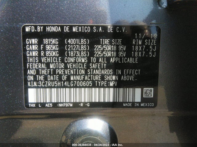 2020 HONDA HR-V SPORT VIN: 3CZRU5H14LG700605