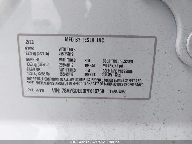 7SAYGDEE0PF619769 Tesla Model Y Long Range