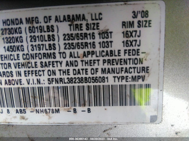 2008 HONDA ODYSSEY LX VIN: 5FNRL38238B056081