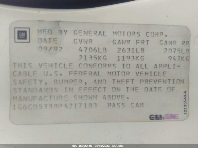 1993 CADILLAC DEVILLE VIN: 1G6CD53B8P4217183