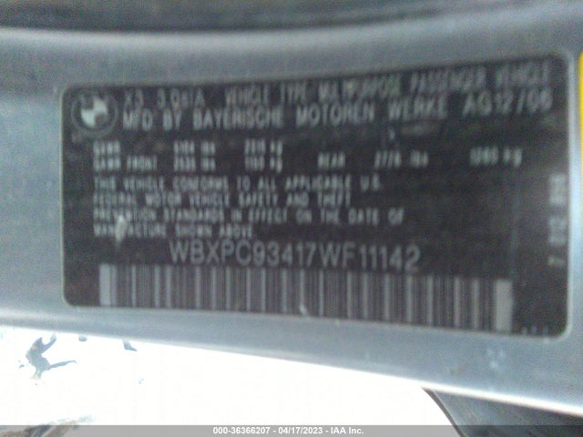 2007 BMW X3 3.0SI VIN: WBXPC93417WF11142