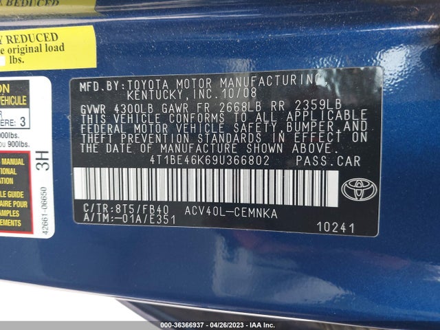2009 TOYOTA CAMRY VIN: 4T1BE46K69U366802