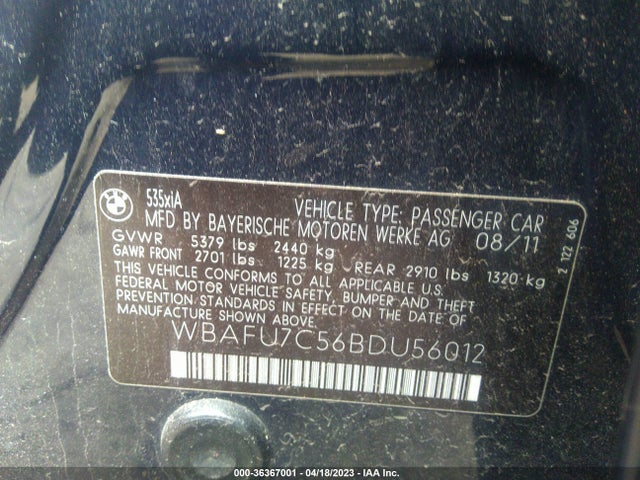 2011 BMW 5 SERIES 535I XDRIVE VIN: WBAFU7C56BDU56012