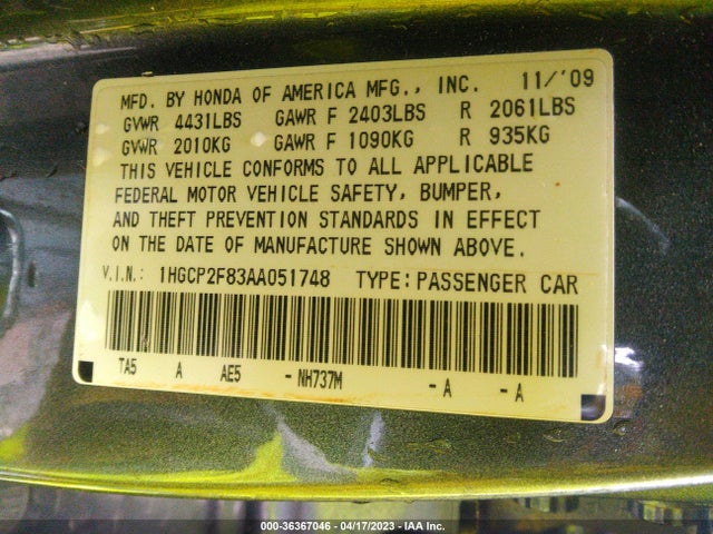 2010 HONDA ACCORD SDN EX-L VIN: 1HGCP2F83AA051748