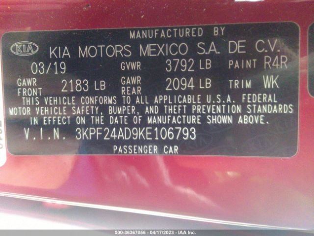 3KPF24AD9KE106793 KIA Forte Lxs