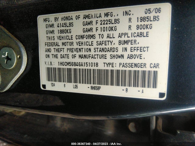 2006 HONDA ACCORD SDN EX-L VIN: 1HGCM56846A151018