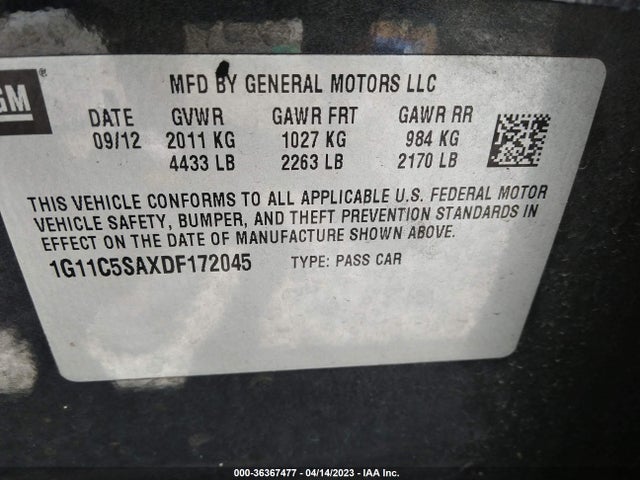 2013 CHEVROLET MALIBU LT VIN: 1G11C5SAXDF172045