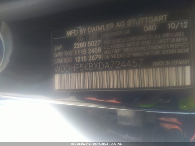 2013 MERCEDES-BENZ E-CLASS E 350 VIN: WDDHF5KBXDA724457