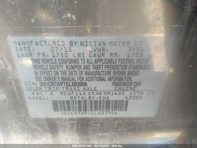 3N1CN7AP7GL803956 Nissan Versa S/s Plus/sl/sv
