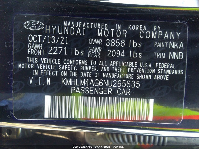 2022 HYUNDAI ELANTRA SEL VIN: KMHLM4AG6NU265635
