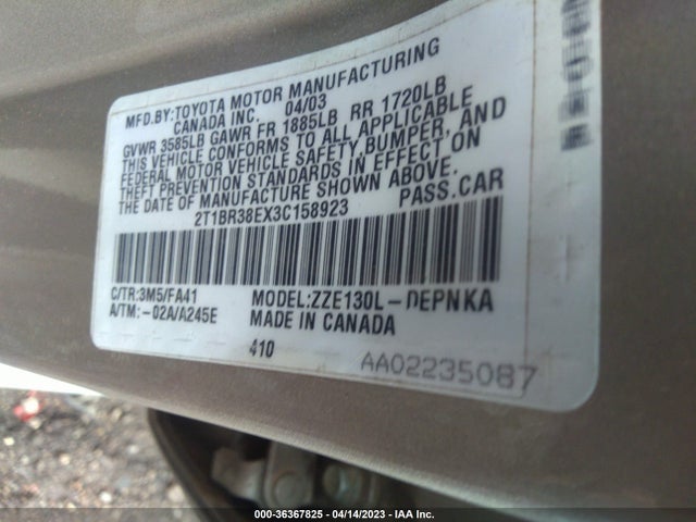 2003 TOYOTA COROLLA CE/S/LE VIN: 2T1BR38EX3C158923
