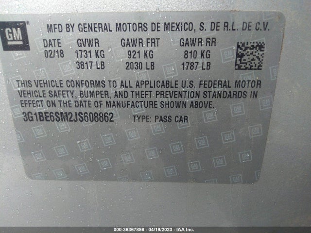 2018 CHEVROLET CRUZE LT VIN: 3G1BE6SM2JS608862