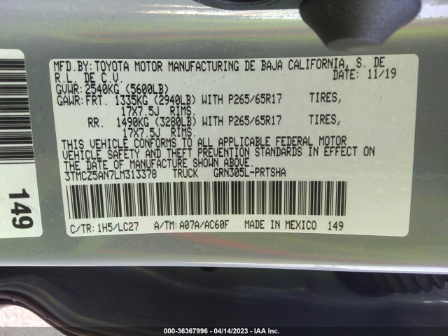 2020 TOYOTA TACOMA 4WD SR5/TRD SPORT VIN: 3TMCZ5AN7LM313378