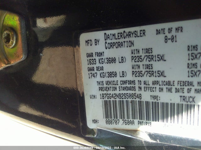 2002 DODGE DAKOTA SLT VIN: 1B7GG42N92S508548