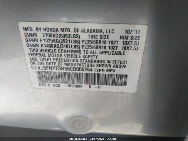2012 HONDA PILOT EX-L VIN: 5FNYF3H56CB006264