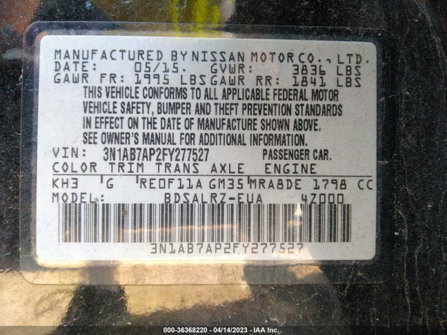 2015 NISSAN SENTRA SR VIN: 3N1AB7AP2FY277527