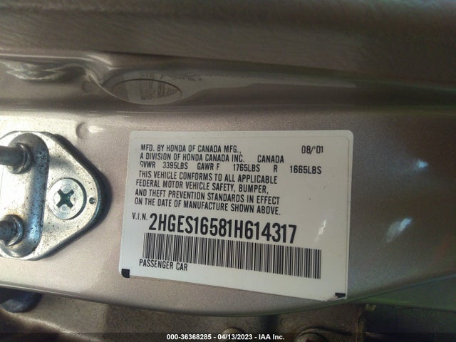 2001 HONDA CIVIC LX VIN: 2HGES16581H614317
