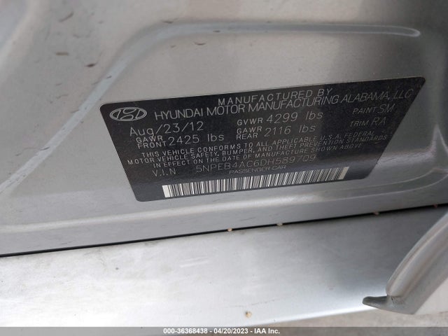 2013 HYUNDAI SONATA GLS VIN: 5NPEB4AC6DH589709