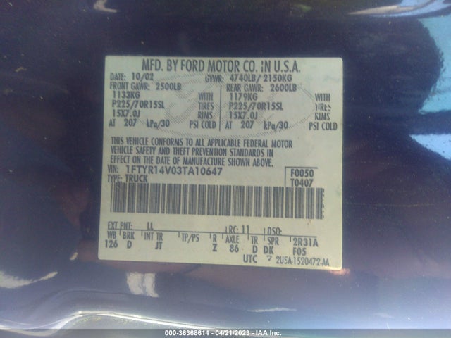 2003 FORD RANGER XL/XLT VIN: 1FTYR14V03TA10647
