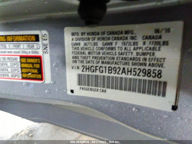2010 HONDA CIVIC CPE EX-L VIN: 2HGFG1B92AH529858