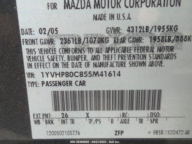 2005 MAZDA MAZDA6 SPORT I VIN: 1YVHP80C855M41614