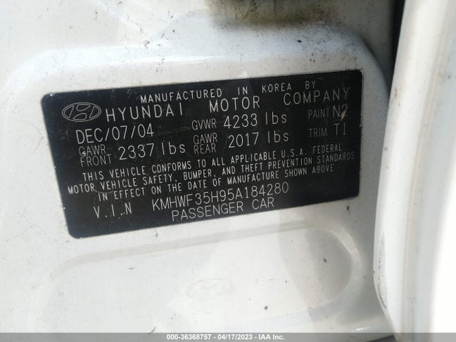 2005 HYUNDAI SONATA GLS/LX/GLS SPECIAL VALUE VIN: KMHWF35H95A184280