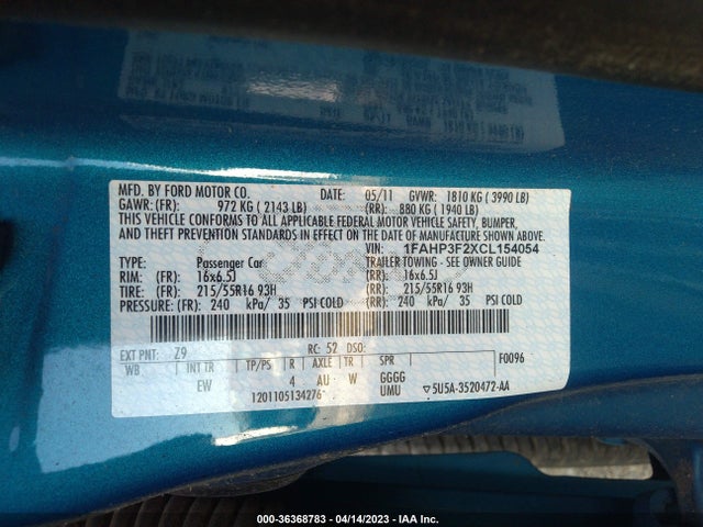 2012 FORD FOCUS SE VIN: 1FAHP3F2XCL154054