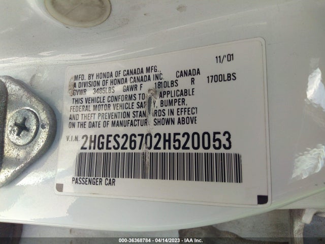 2002 HONDA CIVIC EX VIN: 2HGES26702H520053