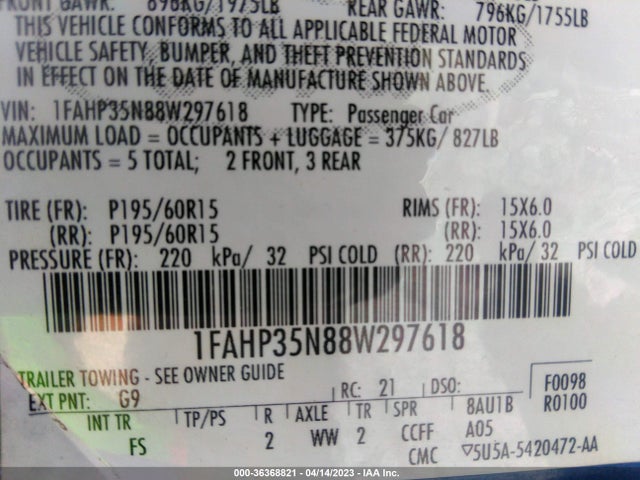 Aukcja sprzedaży 2008 Ford Focus Se/ses, vin: 1FAHP35N88W297618, numer aukcji: 36368821