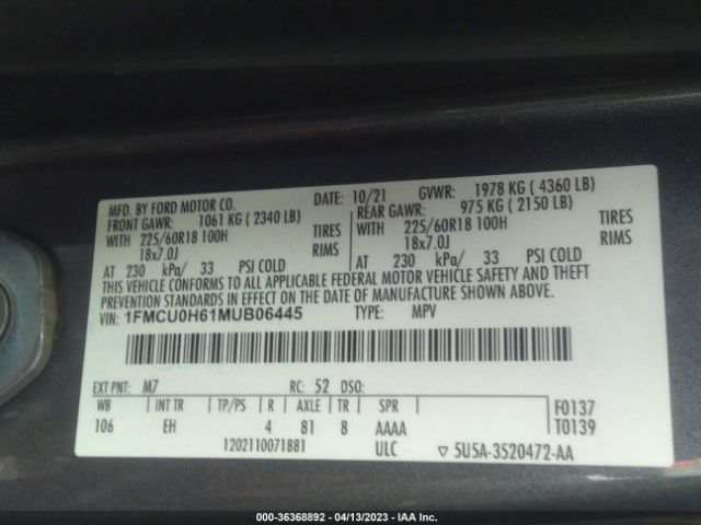 1FMCU0H61MUB06445 Ford ESCAPE SEL