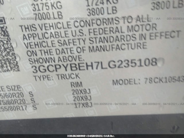 2020 CHEVROLET SILVERADO 1500 CUSTOM VIN: 3GCPYBEH7LG235108