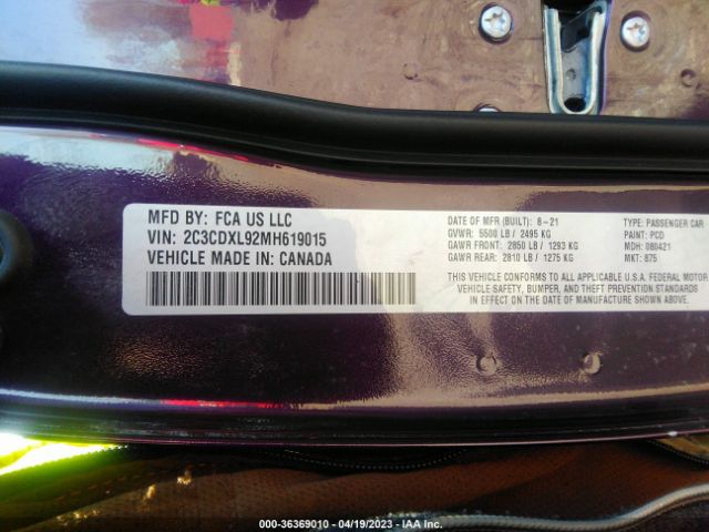2C3CDXL92MH619015 Dodge Charger Srt Hellcat Widebody