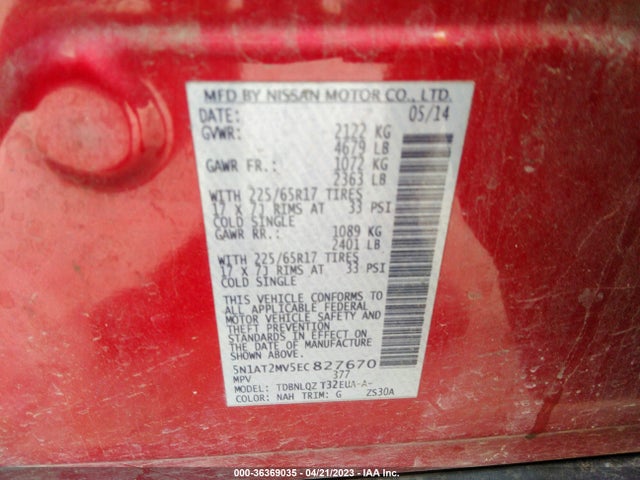 Nissan ROGUE SV 2014 5N1AT2MV5EC827670 Image 11