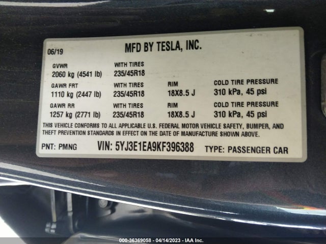 Tesla Model 3 Range 2019 5YJ3E1EA9KF396388 Image 10