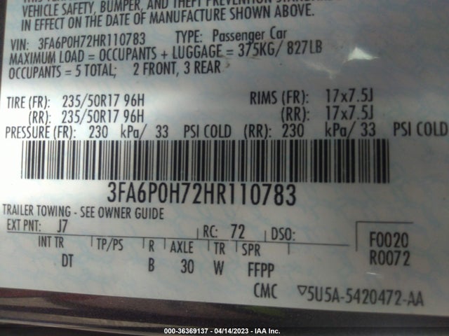 Ford FUSION SE 2017 3FA6P0H72HR110783 Image 10