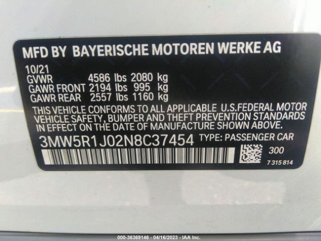 3MW5R1J02N8C37454 BMW 3 Series 330i
