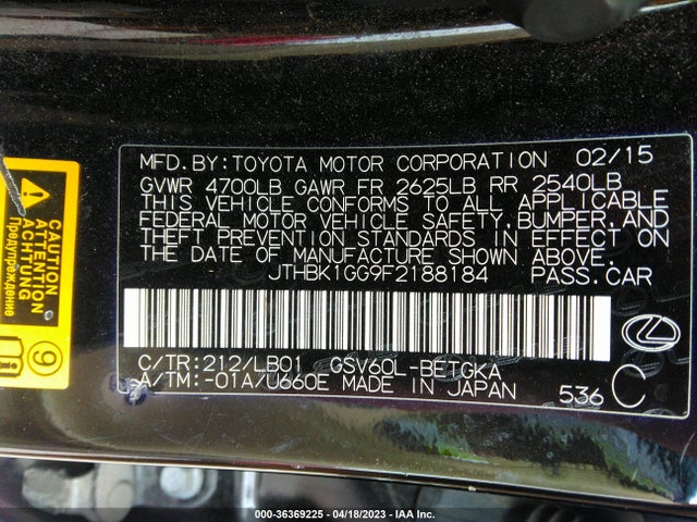 2015 Lexus ES, VIN: JTHBK1GG9F2188184