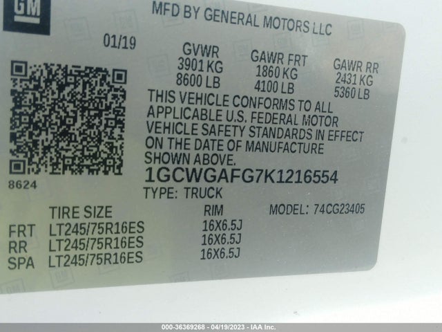 2019 CHEVROLET EXPRESS CARGO VAN VIN: 1GCWGAFG7K1216554