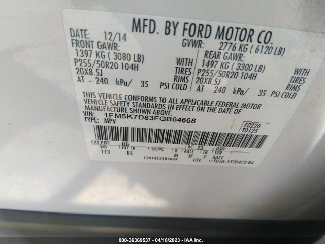 Ford EXPLORER XLT 2015 1FM5K7D83FGB64668 Image 9