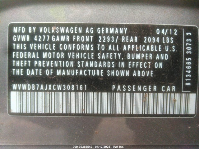 2012 VOLKSWAGEN GOLF W/CONV VIN: WVWDB7AJXCW308161