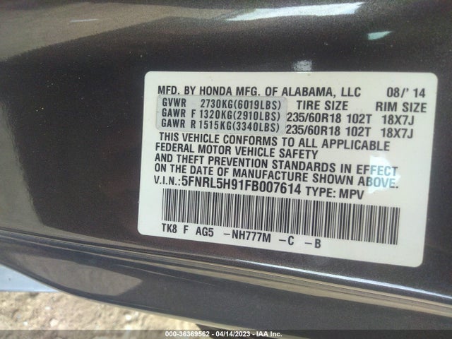 Honda Odyssey Touring 2015 5FNRL5H91FB007614 Image 9