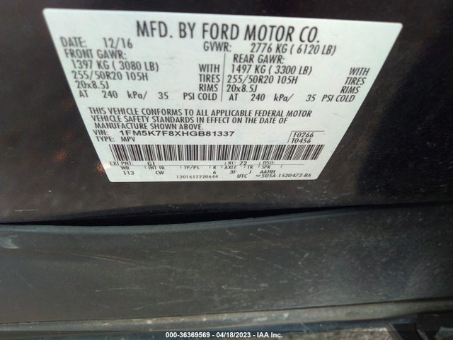 Ford Explorer Limited 2017 1FM5K7F8XHGB81337 Image 9