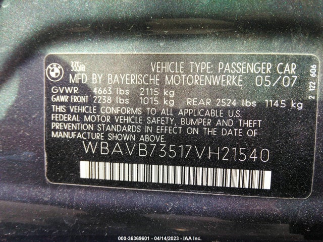 2007 BMW 335I VIN: WBAVB73517VH21540