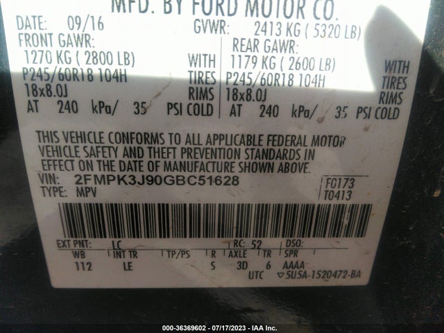 2016 FORD EDGE SEL VIN: 2FMPK3J90GBC51628