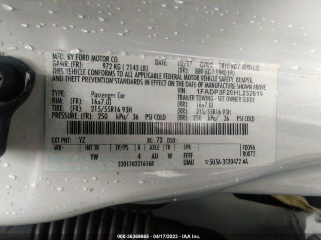 2017 FORD FOCUS SE VIN: 1FADP3F29HL232619