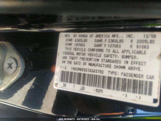 2007 HONDA ACCORD SDN EX-L VIN: 1HGCM66507A045792