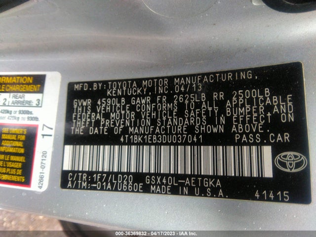 2013 TOYOTA AVALON XLE/LIMITED VIN: 4T1BK1EB3DU037041