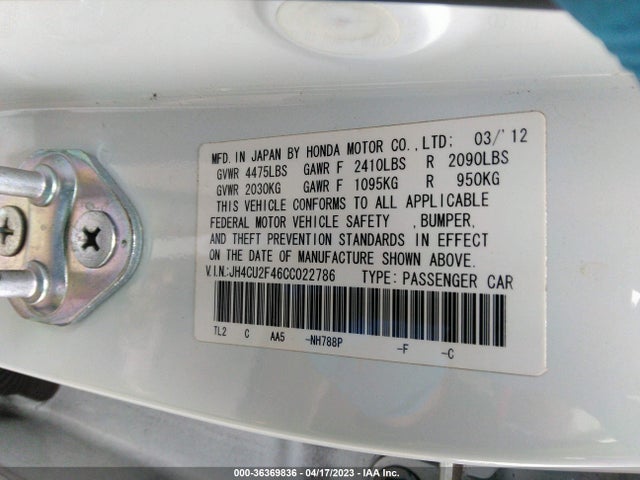 2012 ACURA TSX VIN: JH4CU2F46CC022786
