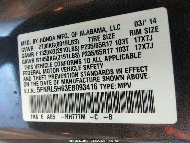 Honda Odyssey Ex-l 2014 5FNRL5H63EB093416 Image 9